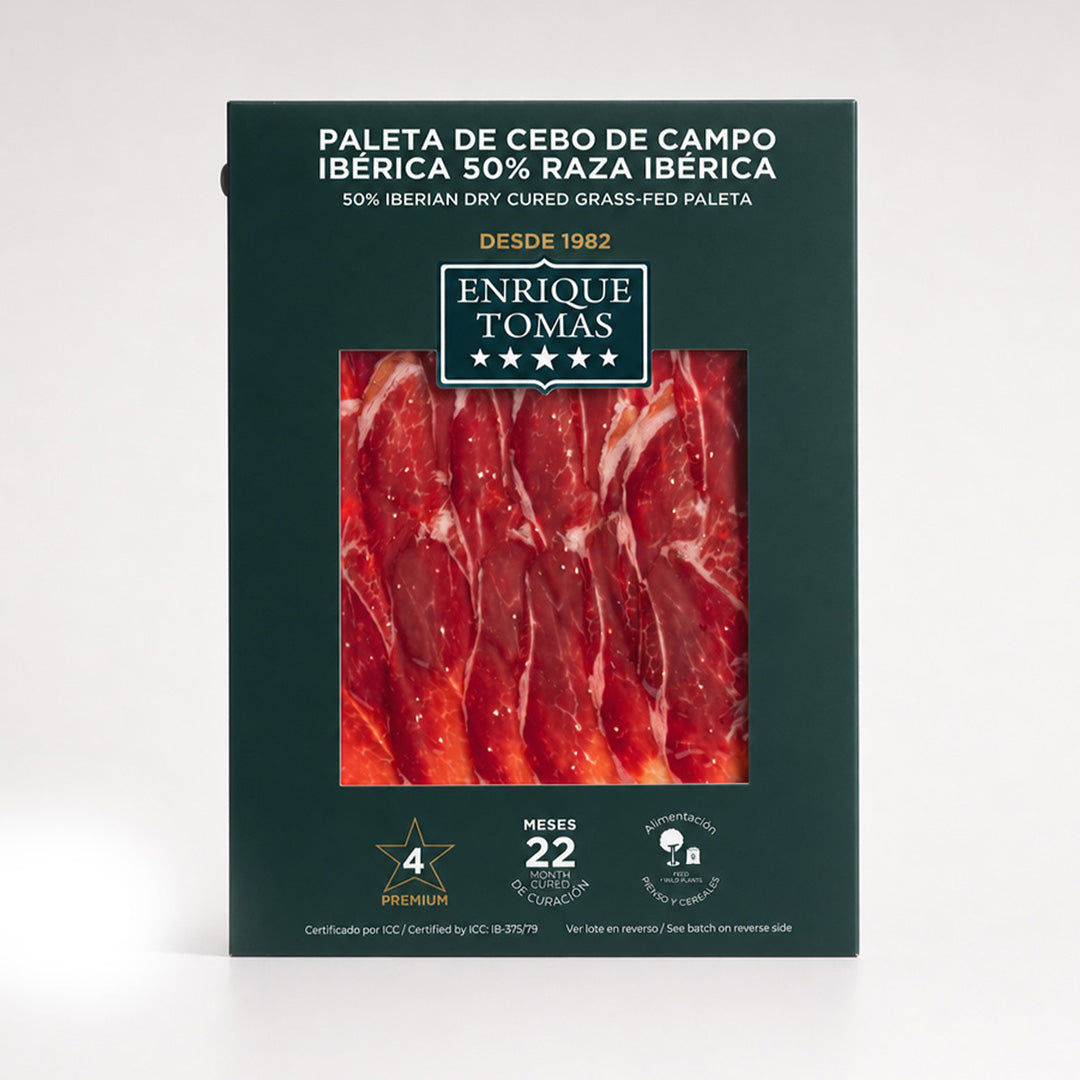 Sobre de Paleta de Cebo de campo ibérico 50% Enrique Tomás loncheado (sobre al vacío) fondo gris