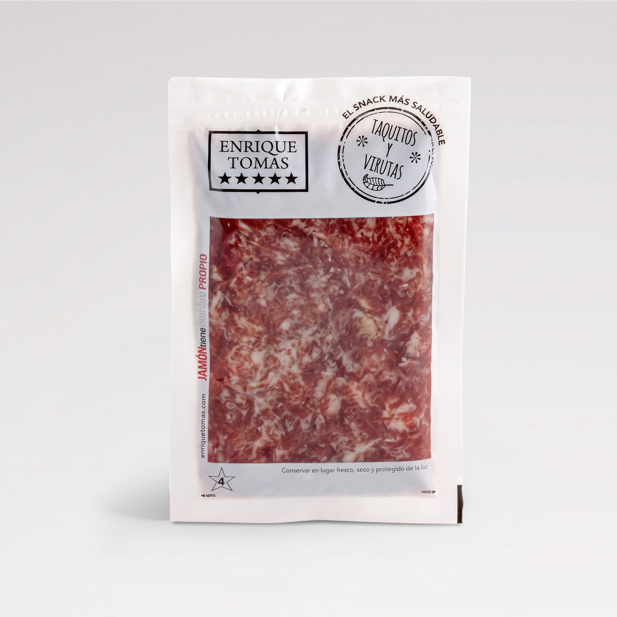 Virutas de Jamón de Cebo ibérico 50% Enrique Tomás (sobre al vacío) fondo gris