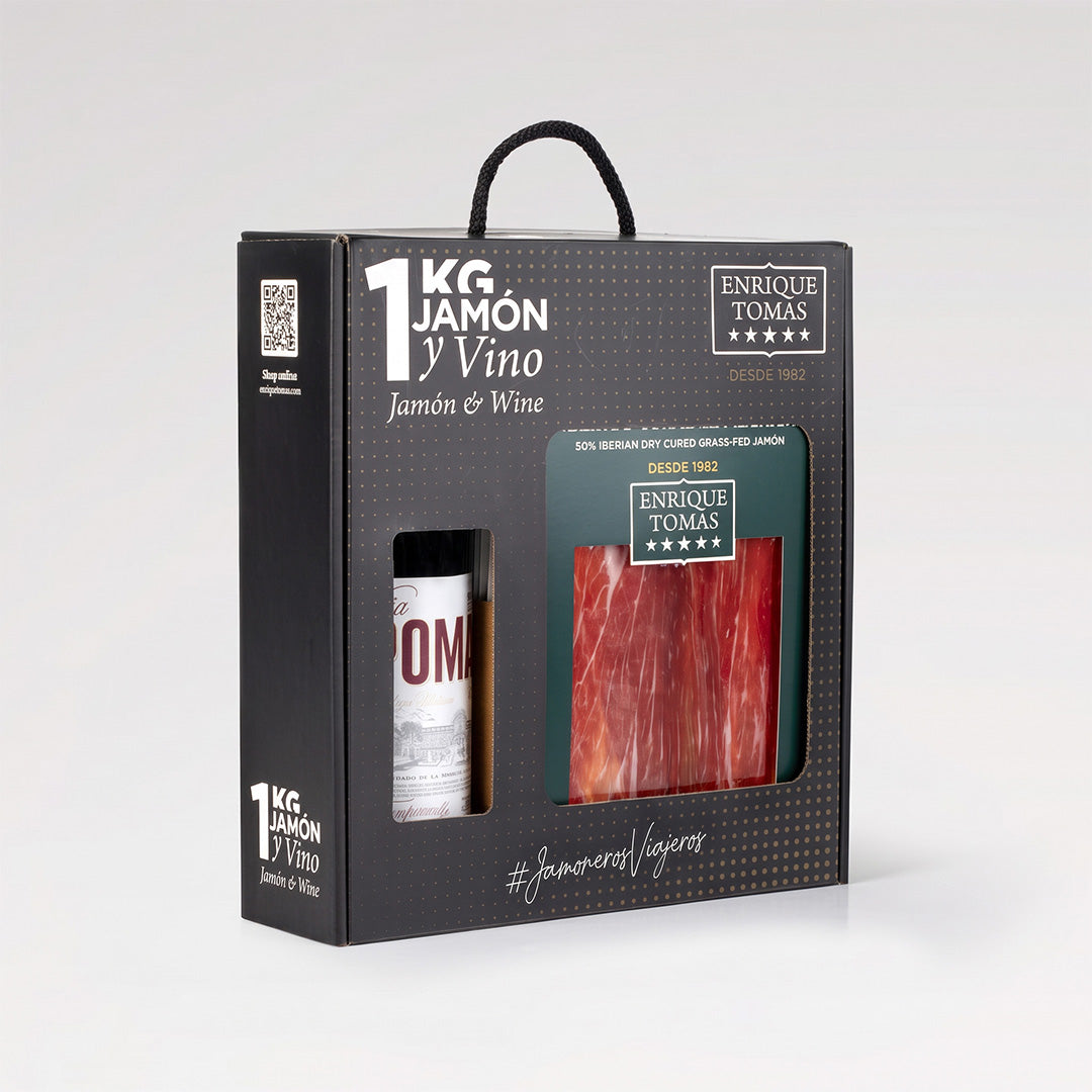 Pack de Jamón con Vino. 10 sobres de Jamón de Cebo de campo 50% y vino tinto.