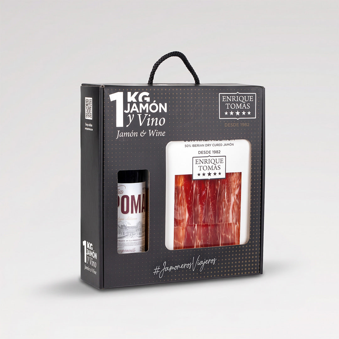 Pack de Jamón con Vino. 10 sobres de Jamón de Cebo de cebo ibérico 50% y vino tinto.