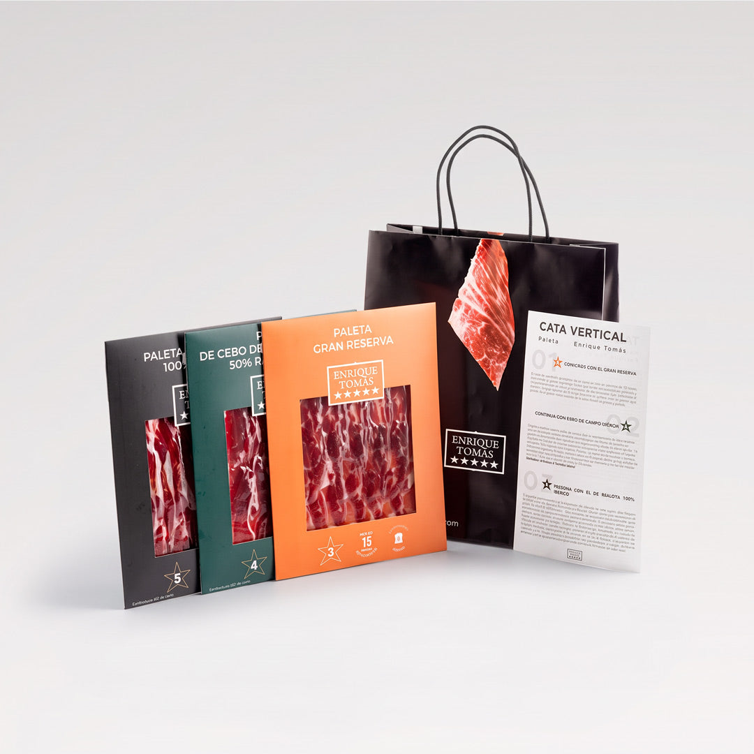 Pack Cata Vertical de Paleta 3 calidades Enrique Tomás. Gran Reserva, Cebo de Campo y Bellota 100%. Pack loncheado