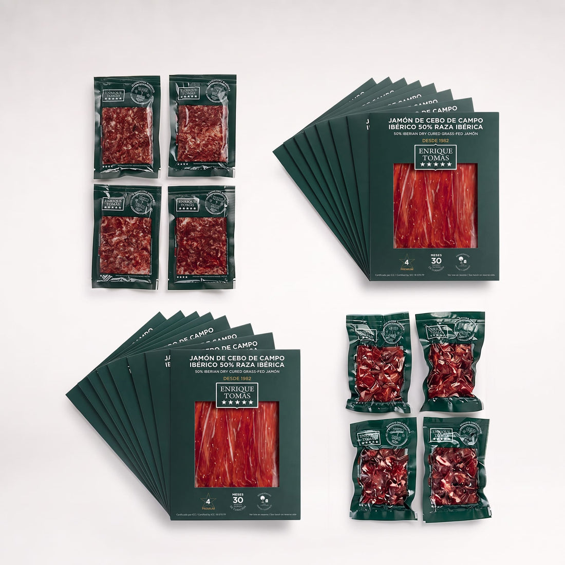 Pieza entera de jamón cebo de campo ibérico 50% Enrique Tomás etiqueta verde loncheada en sobres al vacío