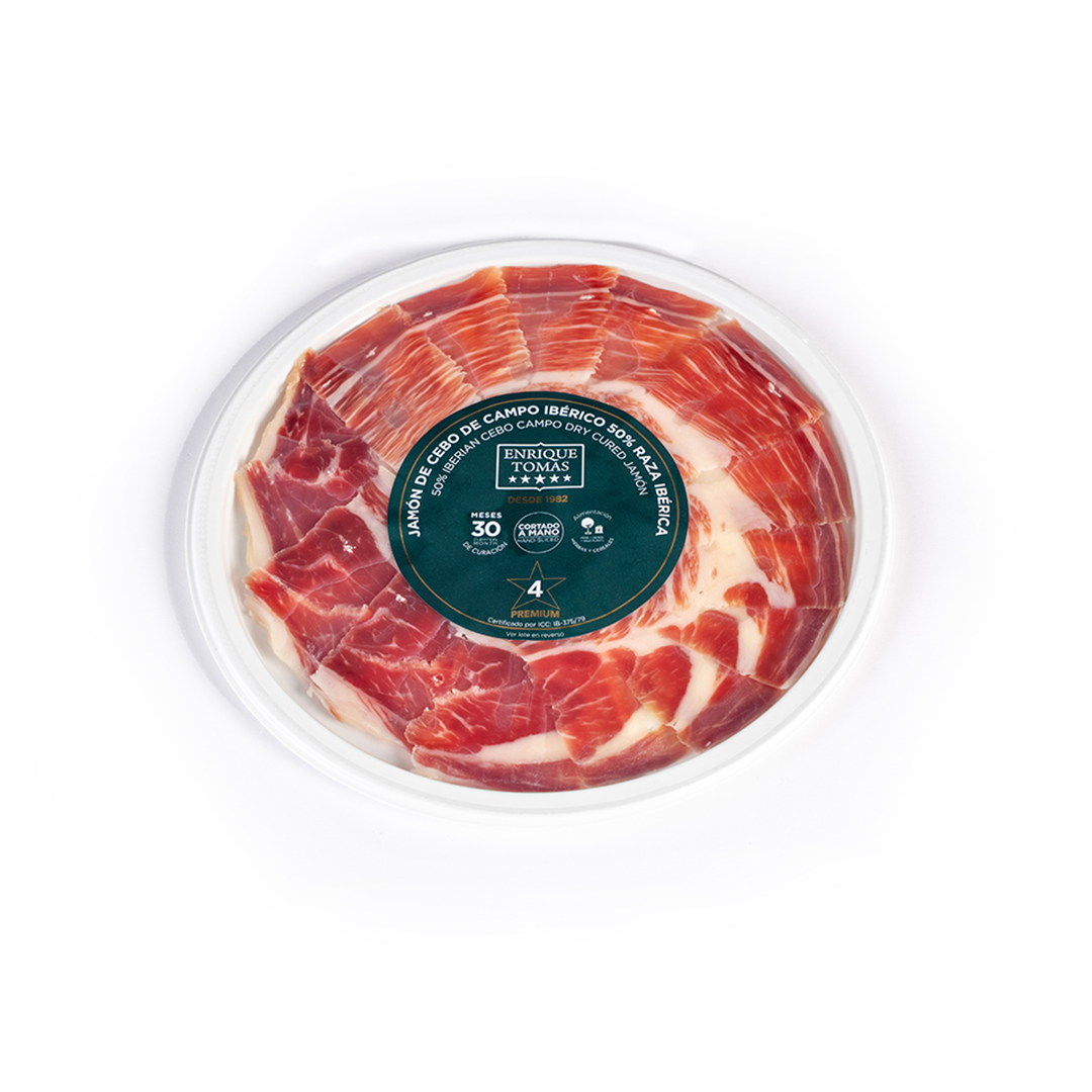 Plato de Jamón de Cebo de Campo Ibérico 50% Raza Ibérica – 80 g | Cortado a Mano | 30 Meses de Curación