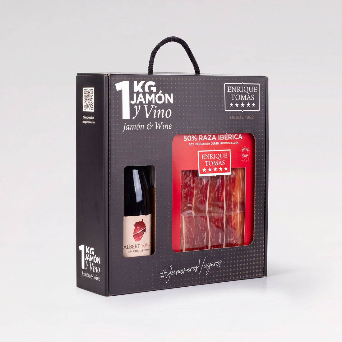 Pack de Jamón con Vino. 10 sobres de Jamón de bellota 50% ibérico y vino tinto