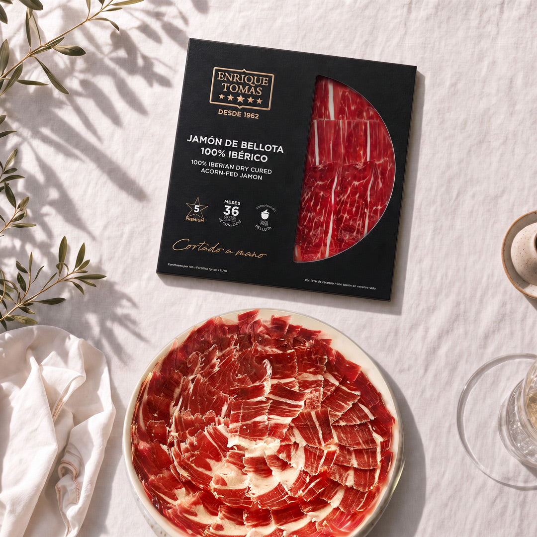 Plato de Jamón de Bellota 100% Ibérico – 80 g | Cortado a Mano | 36 Meses de Curación