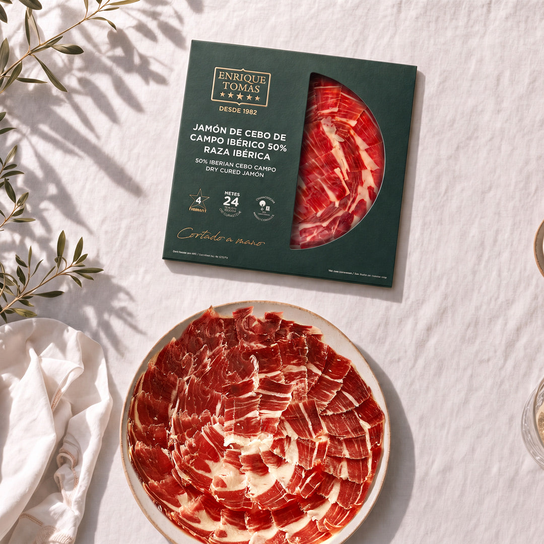 Plato de Jamón de Cebo de Campo Ibérico 50% Raza Ibérica – 80 g | Cortado a Mano | 30 Meses de Curación