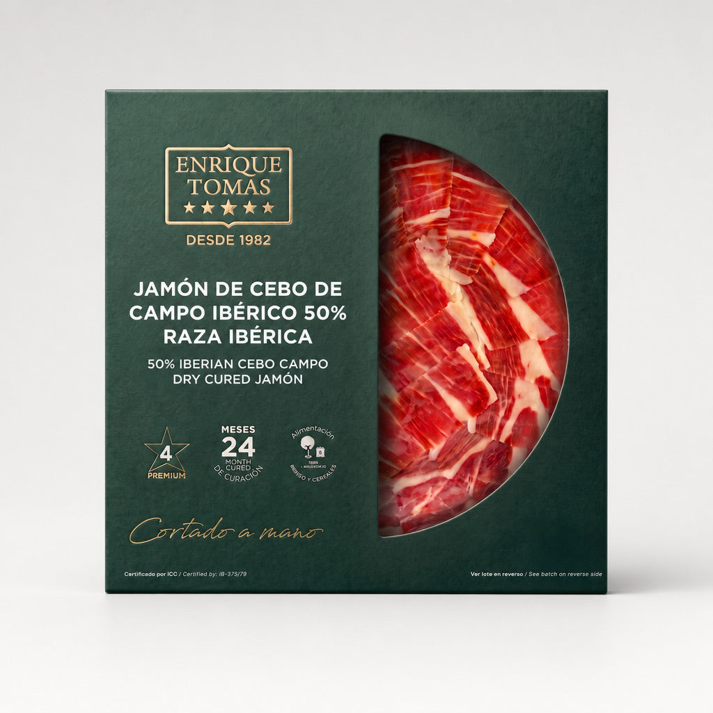 Plato de Jamón de Cebo de Campo Ibérico 50% Raza Ibérica – 80 g | Cortado a Mano | 30 Meses de Curación