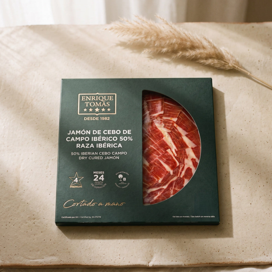 Plato de Jamón de Cebo de Campo Ibérico 50% Raza Ibérica – 80 g | Cortado a Mano | 30 Meses de Curación