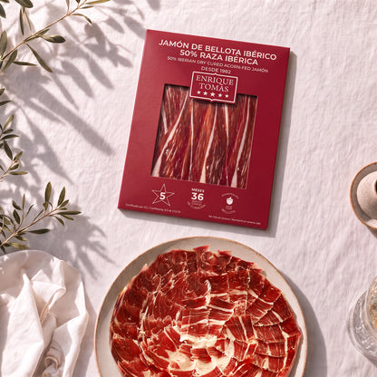 Sobre de jamón ibérico de Bellota 50% Enrique Tomás etiqueta roja loncheado (sobre al vacío) emplatado