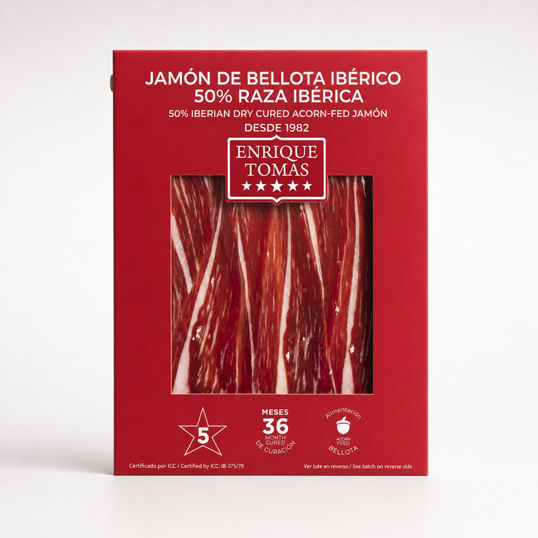 Sobre de jamón ibérico de Bellota 50% Enrique Tomás etiqueta roja loncheado (sobre al vacío)