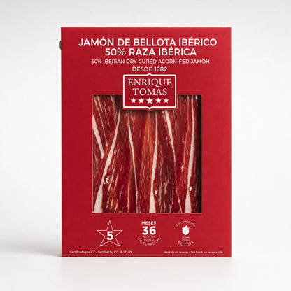 Sobre de jamón ibérico de Bellota 50% Enrique Tomás etiqueta roja loncheado (sobre al vacío)