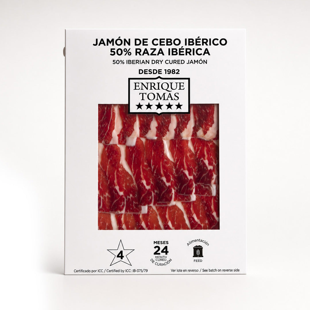 Sobre de jamón cebo ibérico 50% Enrique Tomás etiqueta blanca loncheado (sobre al vacío)