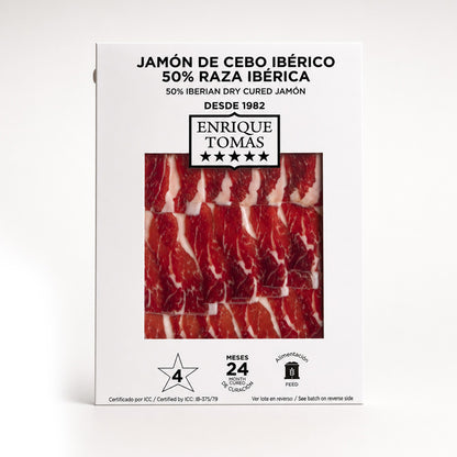 Sobre de jamón cebo ibérico 50% Enrique Tomás etiqueta blanca loncheado (sobre al vacío)