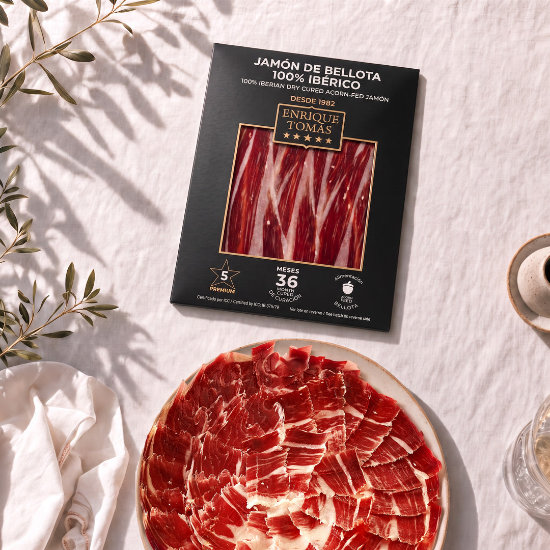 Sobre de jamón ibérico de Bellota 100% Enrique Tomás etiqueta negra loncheado (sobre al vacío) momento consumo