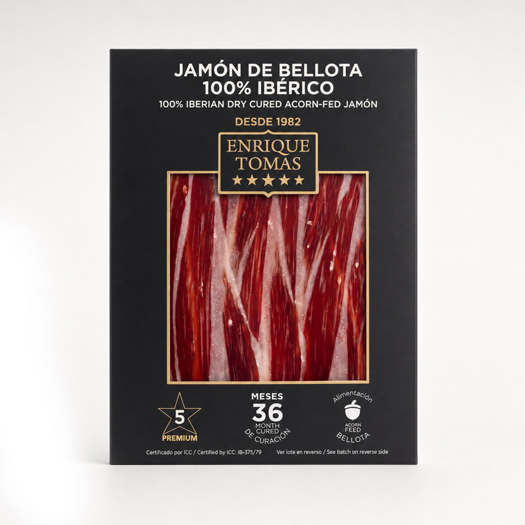 Sobre de jamón ibérico de Bellota 100% Enrique Tomás etiqueta roja loncheado (sobre al vacío)