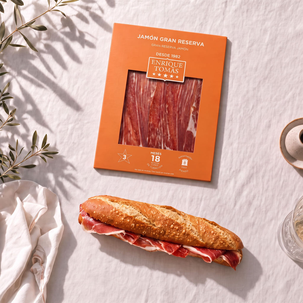 Sobre de Jamón Gran Reserva (jamón serrano) Enrique Tomás loncheado (sobre al vacío) momento consumo