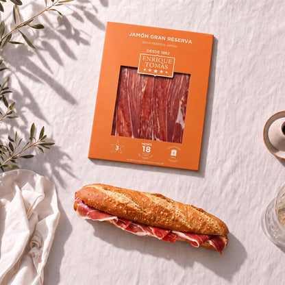 Sobre de Jamón Gran Reserva (jamón serrano) Enrique Tomás loncheado (sobre al vacío) momento consumo
