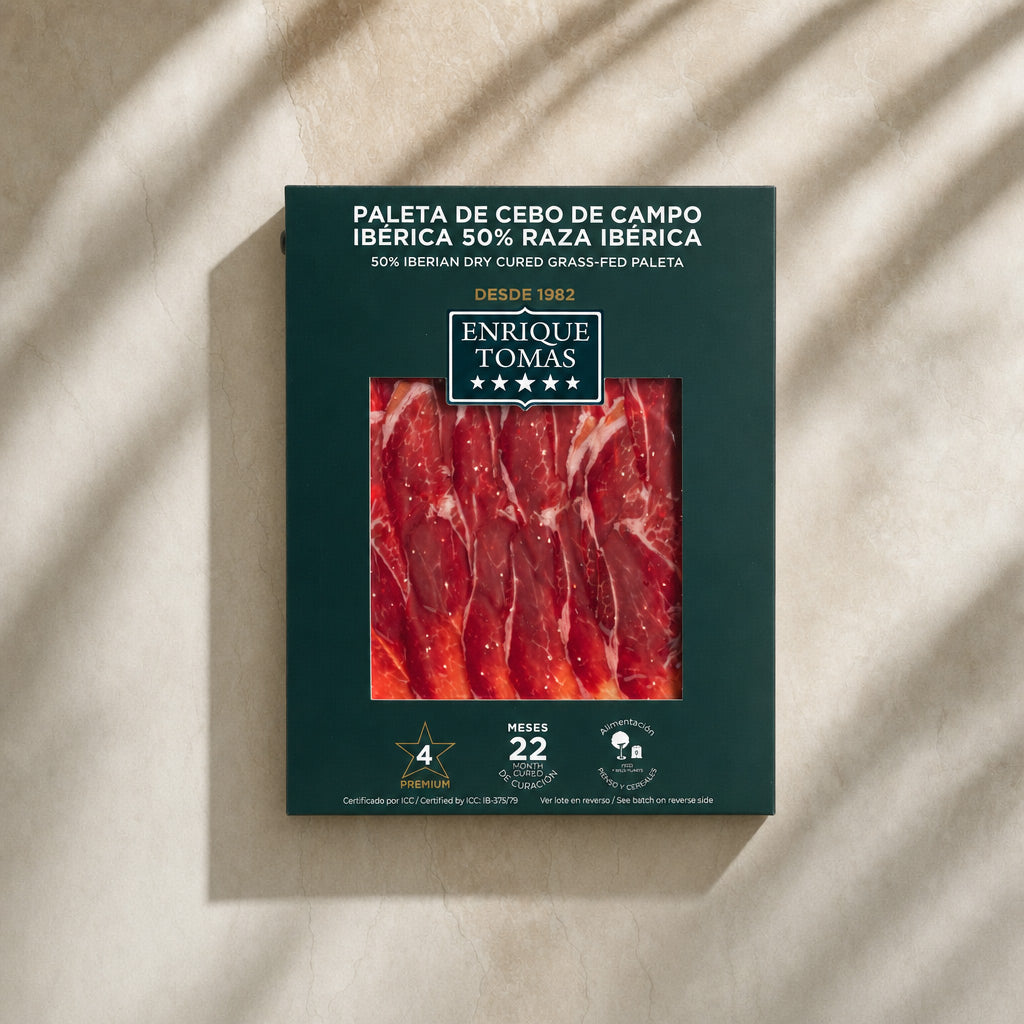 Sobre de Paleta de Cebo de campo ibérico 50% Enrique Tomás loncheado (sobre al vacío) fondo piedra
