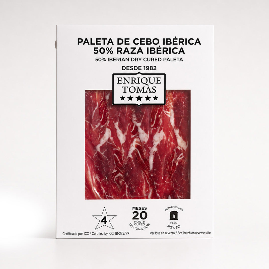 Sobre de paleta cebo ibérico 50% Enrique Tomás etiqueta blanca loncheado (sobre al vacío)