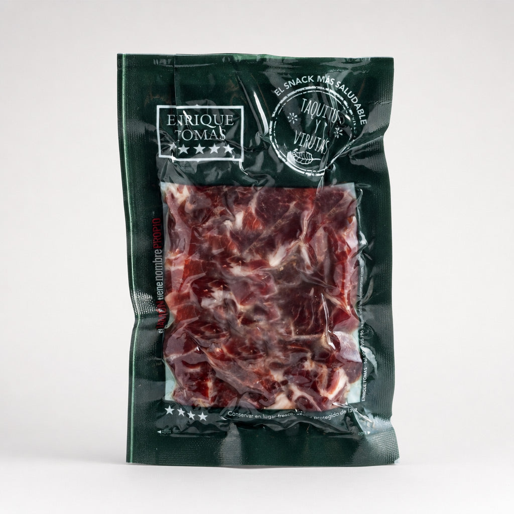 Taquitos de Jamón de Cebo de campo 50% ibérico Enrique Tomás (sobre al vacío) fondo gris
