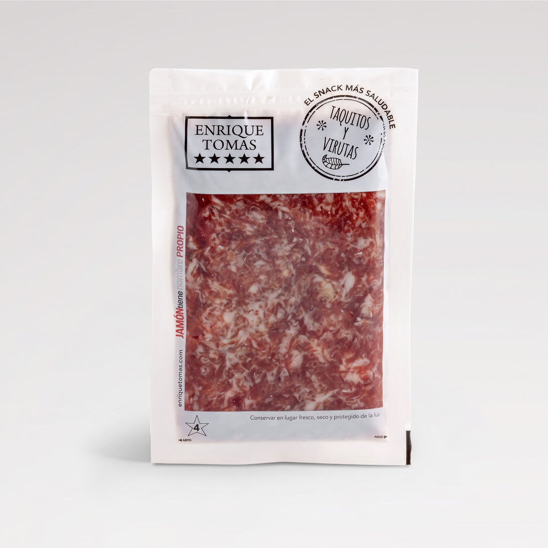 Virutas de Jamón de Cebo ibérico 50% Enrique Tomás (sobre al vacío) fondo gris