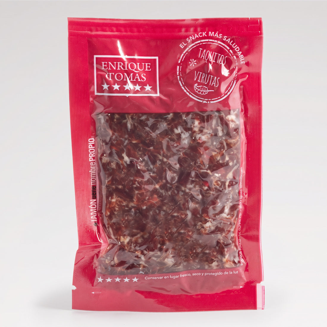 Virutas de Jamón de Bellota 50% Enrique Tomás (sobre al vacío) fondo gris
